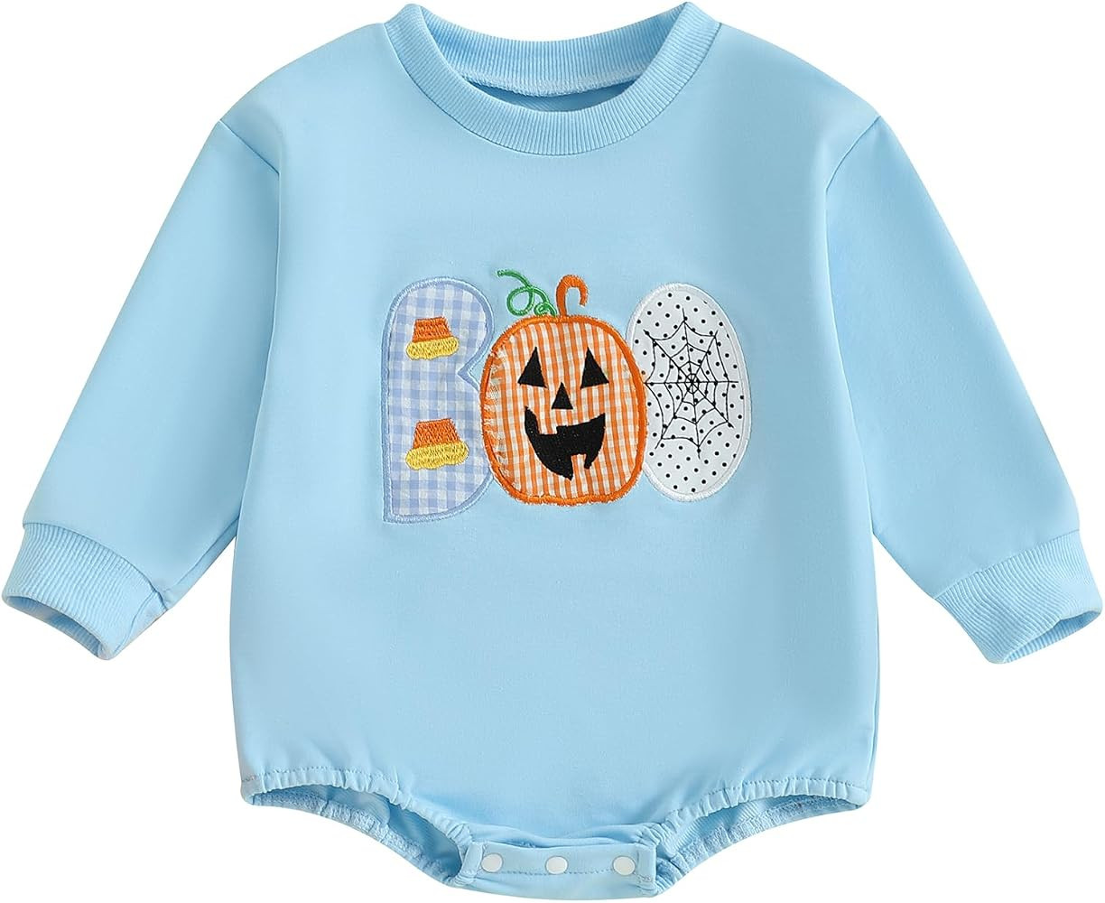 Newborn Baby Halloween Outfit Boy Girl Boo Onesie Sweatshirt Bubble Romper Bodysuit Infant Fall P... | Amazon (US)