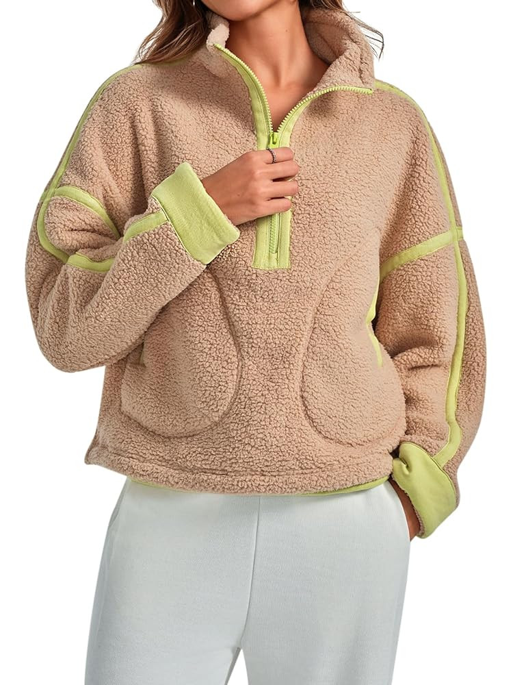 Women Sherpa Fleece Jacket Half Zip Oversized Cropped Sweatshirt Long Sleeve Pullover 2025 Winter... | Amazon (US)