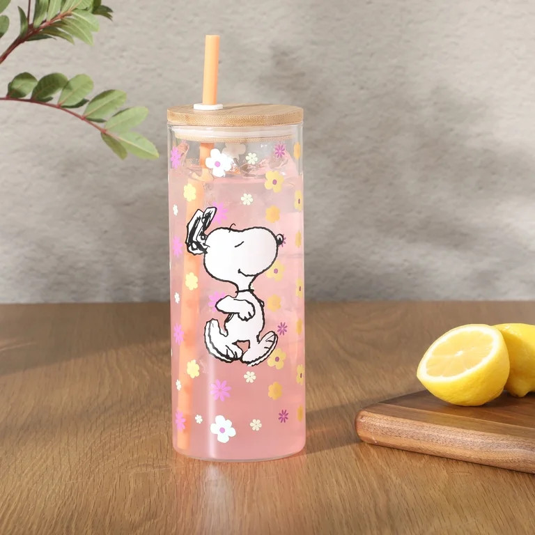 Peanuts Snoopy 22oz Glass Sipper Floral Cup | Walmart (US)