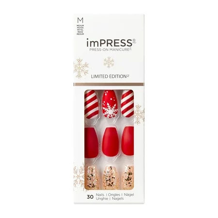 KISS imPRESS Limited Edition Holiday Press-On Manicure Medium Coffin Press-On Nails ‘Mini Candy Cane’ Set of 30 Fake Nails | Walmart (US)