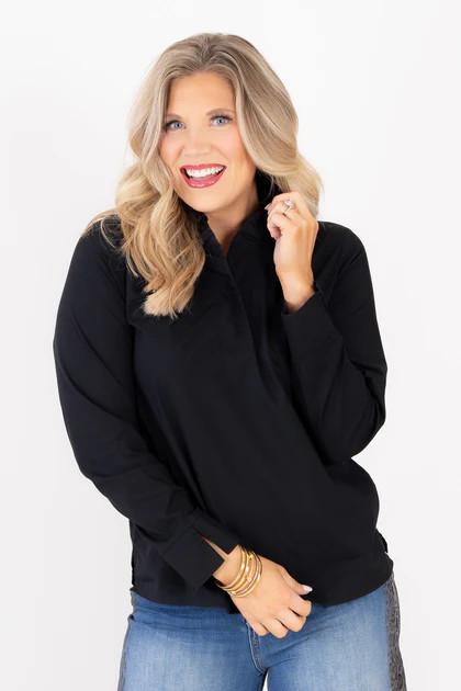Foxcroft Tammy Black Long Sleeve Popover Blouse | The Willow Tree