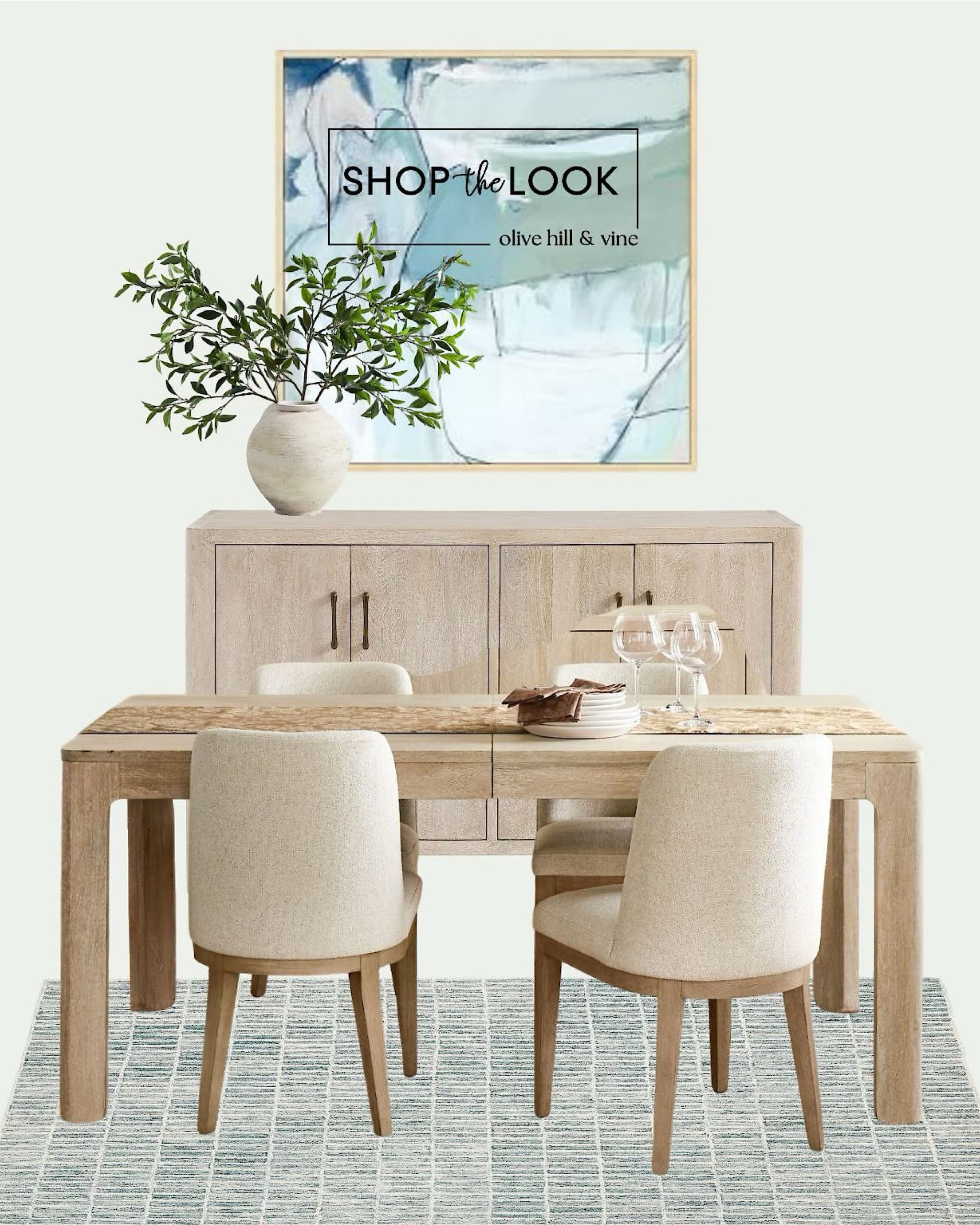 Set the stage for breezy gatherings with coastal-inspired elegance. A sandwash dining table, curved seadrift chairs, and a blue geometric rug ground the room, accented by abstract ocean art and terracotta bay leaf décor for a balanced, serene aesthetic. 

#LTKFamily #LTKStyleTip #LTKHome