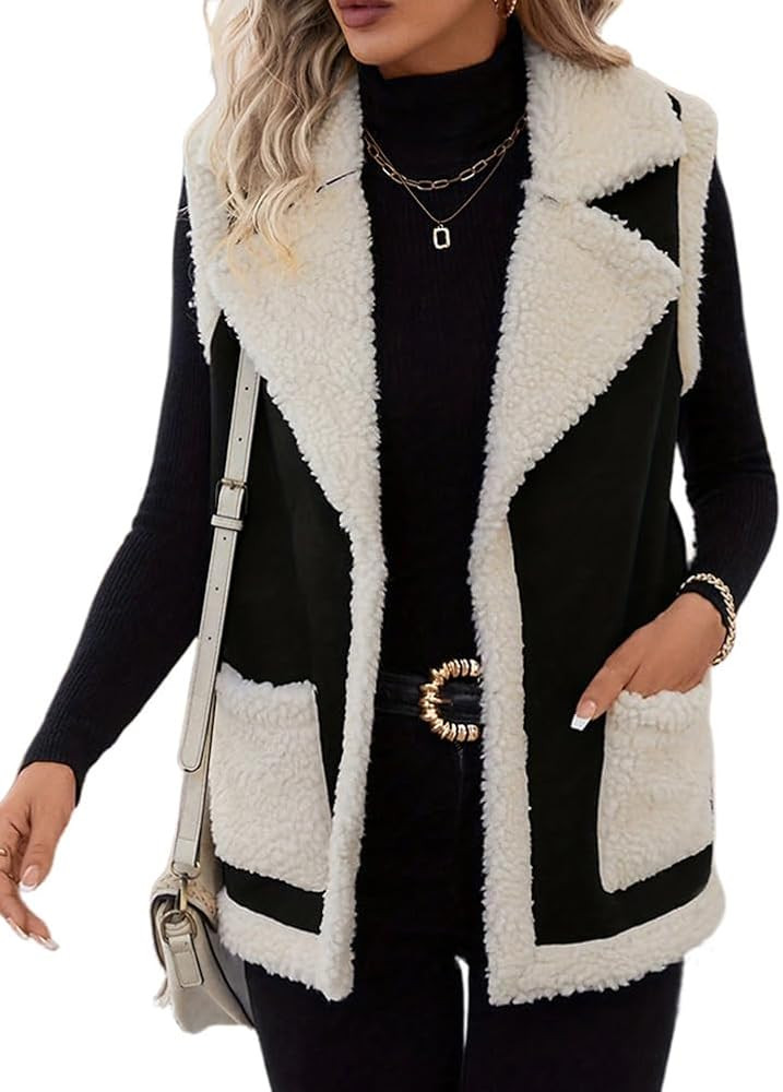 Mywinway Sherpa Vest Womens Fall Winter Faux Fur Leather Suede Vest Jacket Sleeveless Fur Warm Co... | Amazon (US)