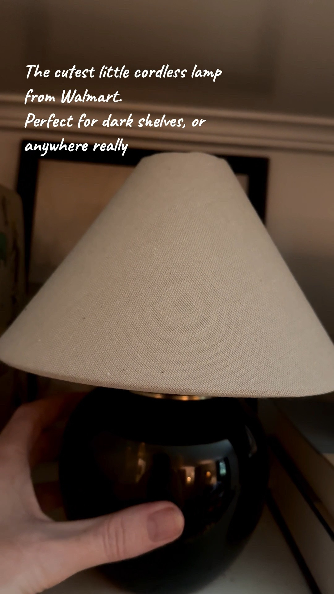 I’ve been searching for a cordless lamp for a very long time to help bring some cozy light to my built-ins, and this beautiful little lamp called to me the second I saw it.
This accent lamp from Walmart has a round brown glass base, tapered shade, it’s rechargeable, and the perfect size to pop on a shelf, countertop, anywhere you may need some glow. 

The lamp is tiny, so make sure you check the measurements if you’re going to grab one.

#LTKHome
