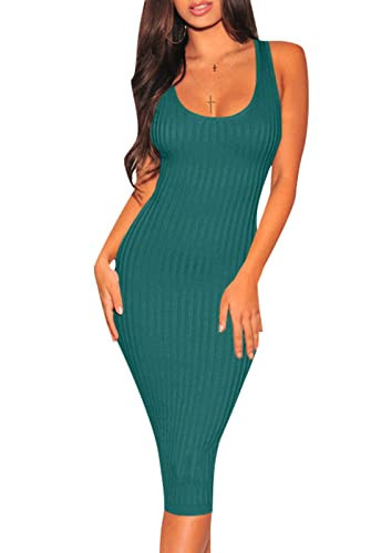 Women's Sexy Bodycon Tank Dresses Sleeveless Ribbed Knit Midi Club Dresses A-Turquoise Green | Amazon (US)