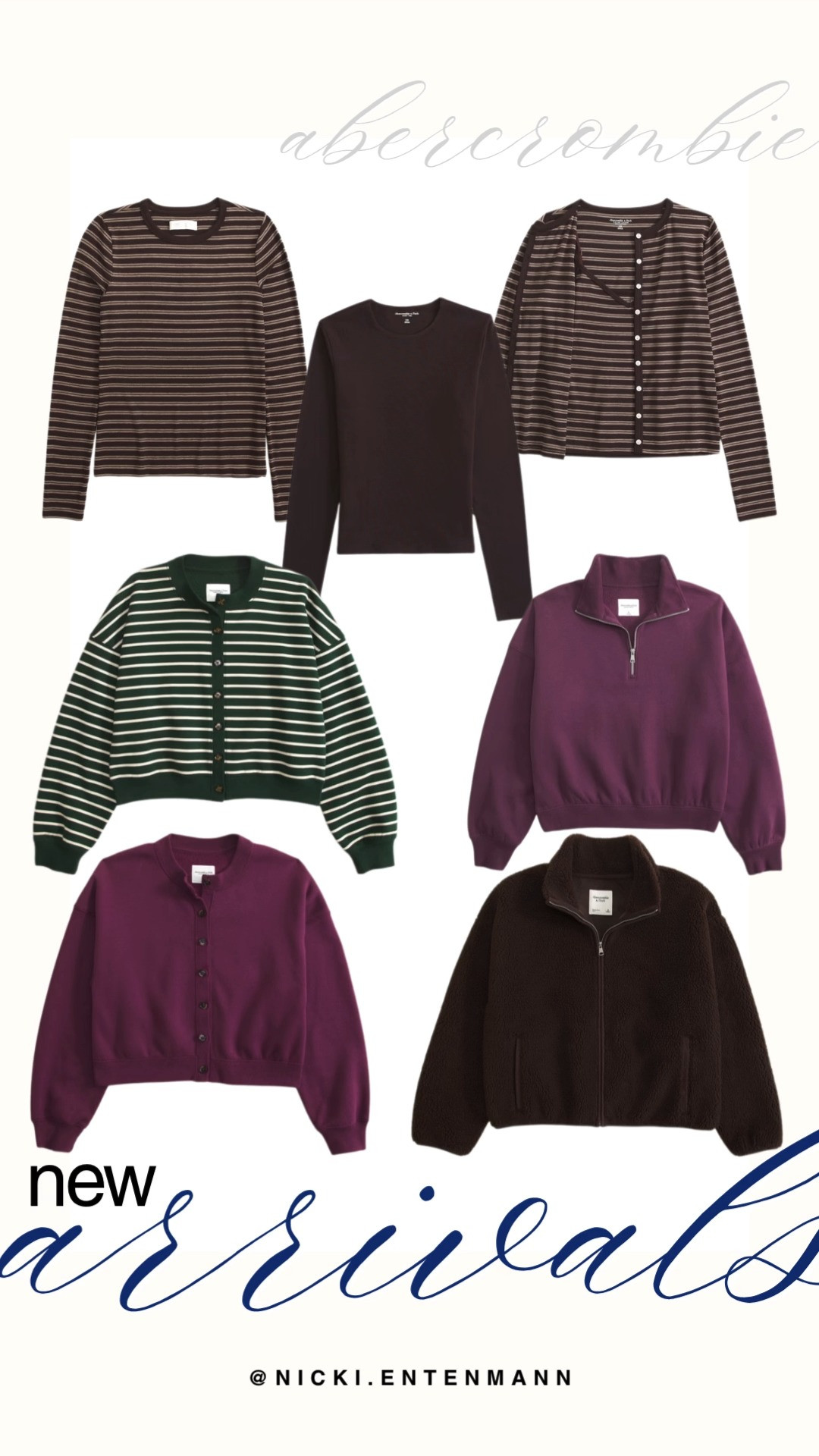 Embrace cozy seasonal layering with the latest Abercrombie new arrivals featuring striped long-sleeve tees, button-down cardigans, plush fleece zips, and quarter-zip pullovers. The autumn drop shines in rich fall tones including deep plum, chocolate brown, forest green stripes, and neutral earth tones. Pair these comfortable knits with straight-leg denim or tailored trousers for an elevated preppy-casual look.

#abercrombie #abercrombiefitch #newarrivals #fallfashion #cozyknits #preppycasual #everydaystyle 

 #LTKootd #LTKSeasonal #LTKActive