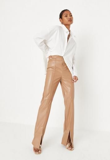 Mocha Faux Leather Split Front Pants | Missguided (US & CA)