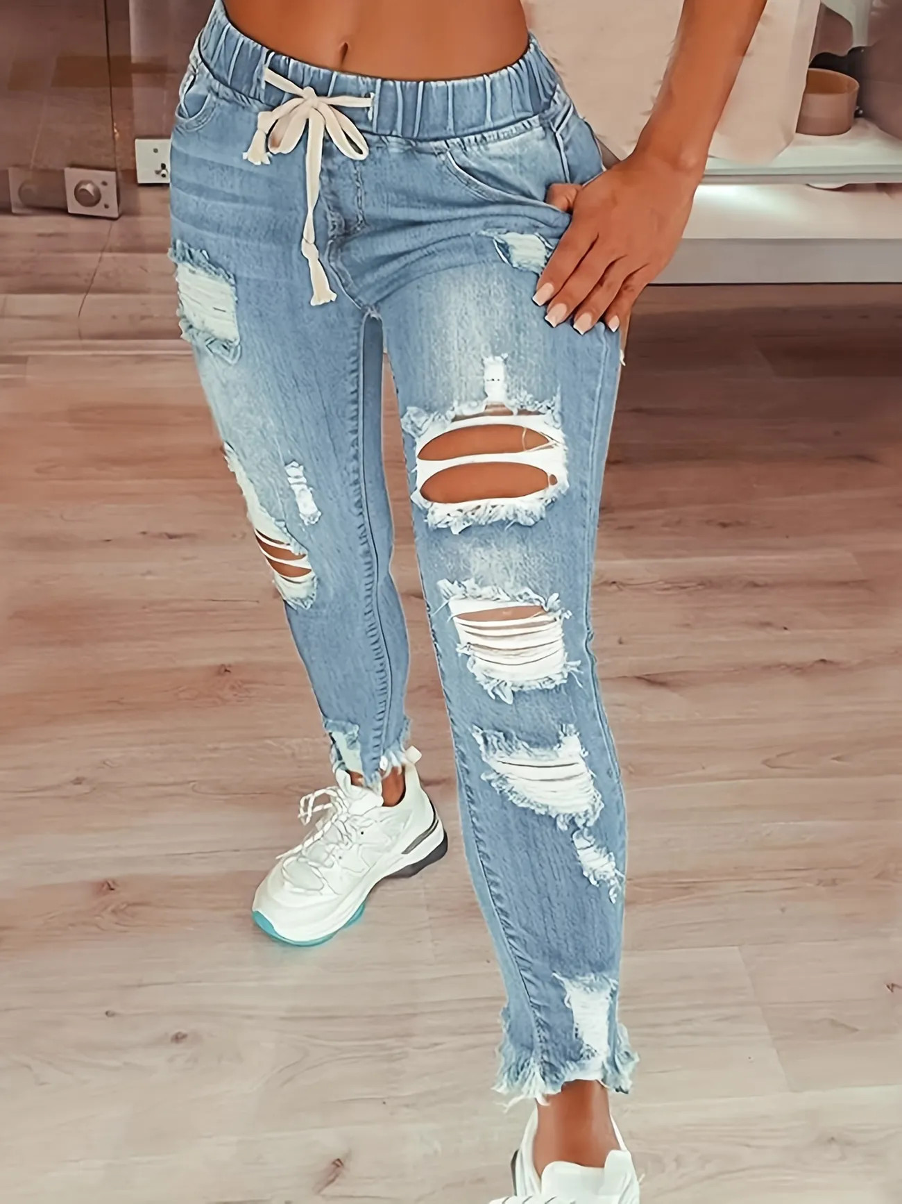 Blue Ripped Holes Skinny Jeans, Slim Fit Frayed Hem Drawstring Elastic Waist Denim Pants, Women's... | Temu Affiliate Program