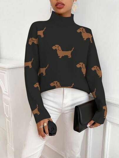 EMERY ROSE Women's Casual Daily Dog Pattern Turtleneck Sweater, Autumn/Winter, Christmas | SHEIN