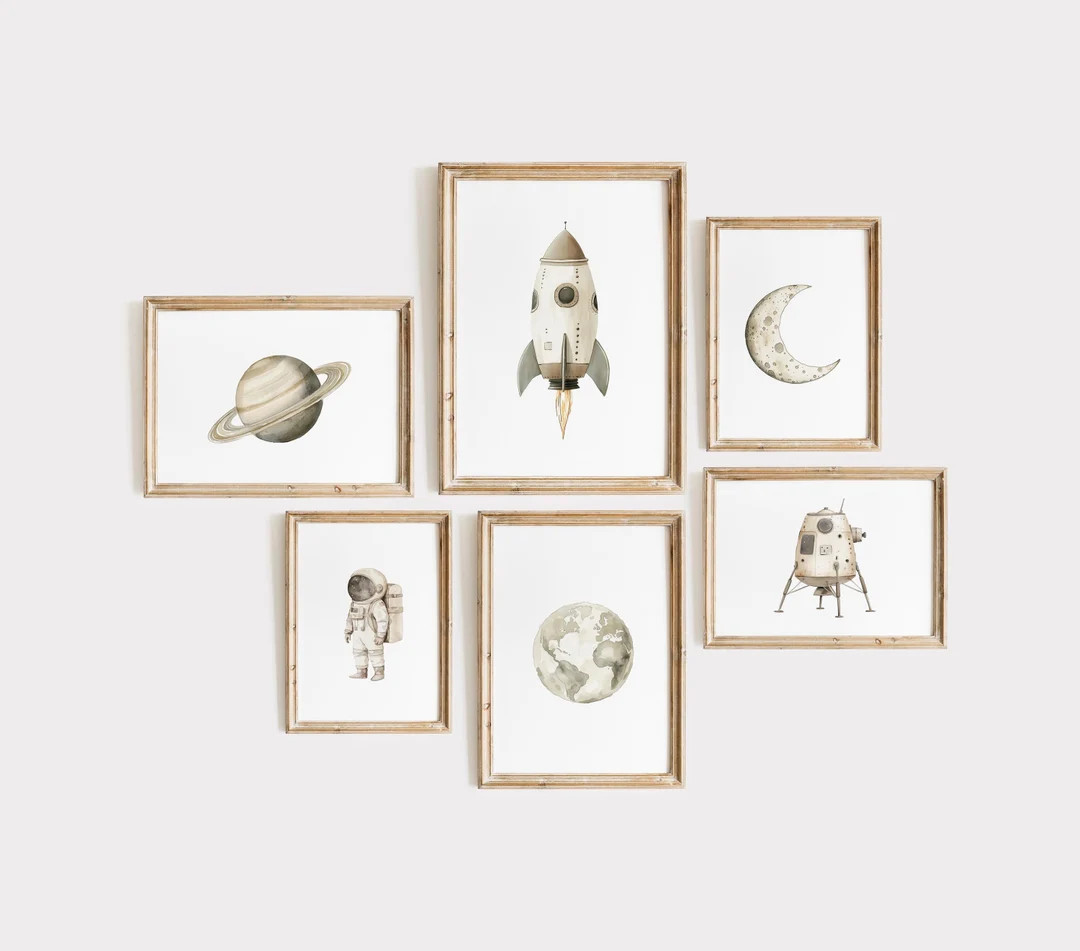 Outer Space Wall Art Set of 6, Neutral Boys Room Space Poster Astronaut Moon Earth Saturn Moon La... | Etsy (US)