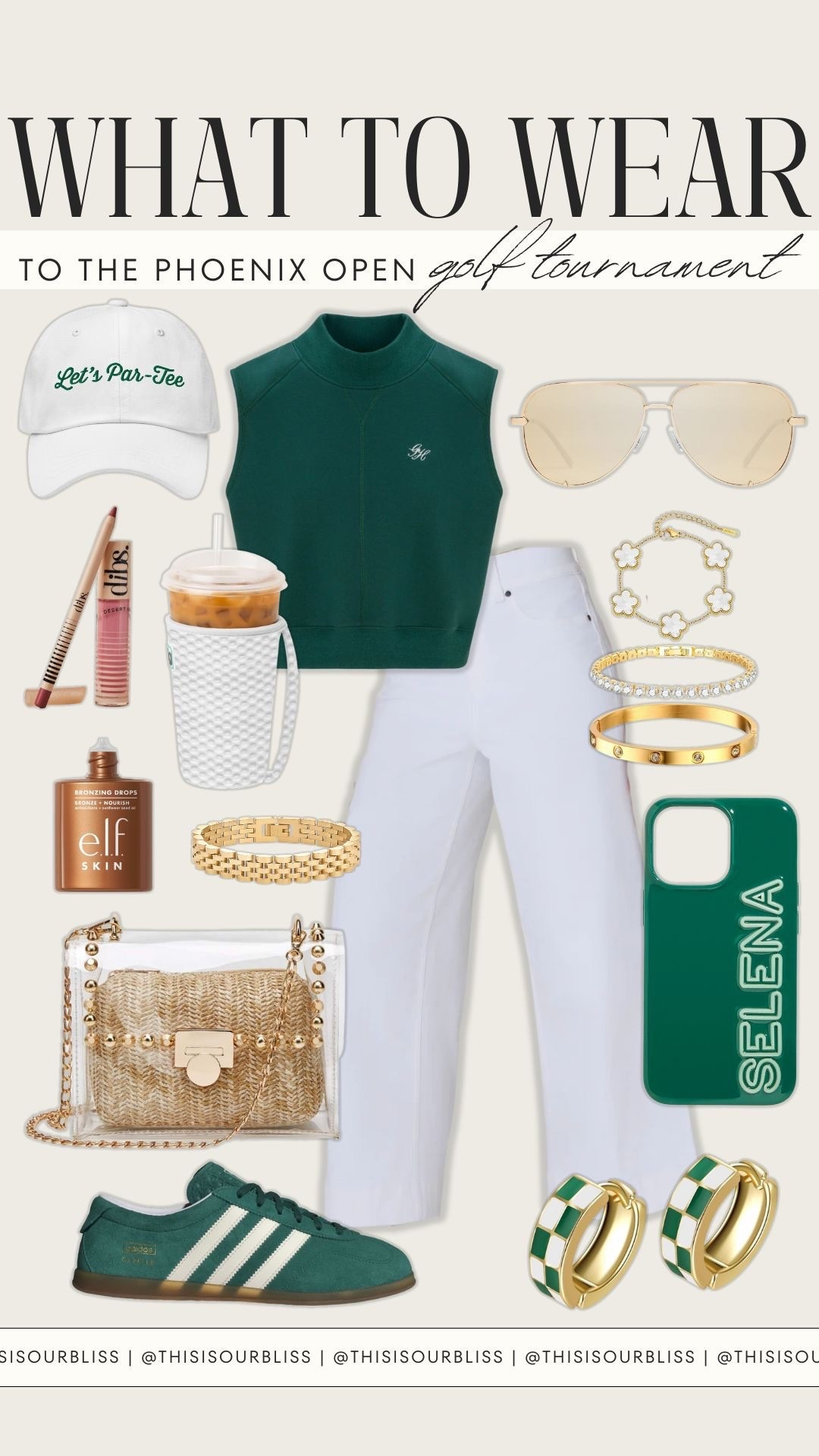 What to wear to the Waste Management Phoenix Open ⛳️🌵
If comfort is key, this is the outfit. Sweater tank, sneakers, and Spanx white denim for easy movement all day. Added a Par-Tee ballcap, fun gold earrings, and a personalized green phone case for a sporty-cute finish.

#LTKootd #LTKSaleAlert #LTKTravel
