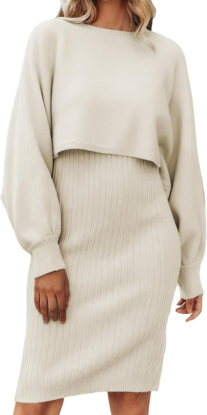Women's Sweater Dresses 2 Piece Outfits Sets Ribbed Knit Batwing Sleeve Crop Pullover Tops Tank B... | Amazon (US)