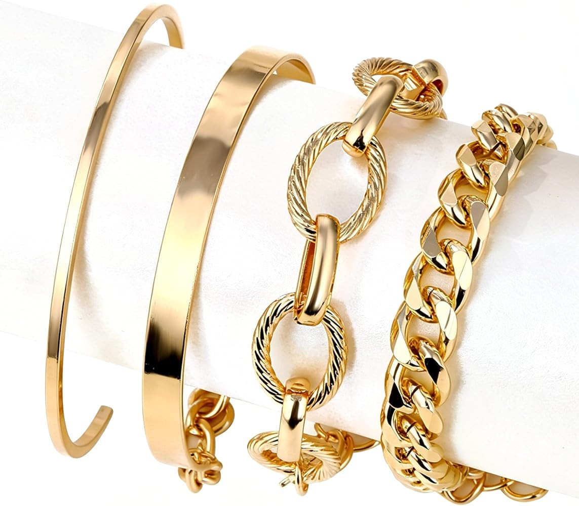 Stackable Bracelets for Women, Gold-Plated Layered Boho Bracelet Set with Dainty Link Chain & Ban... | Amazon (US)