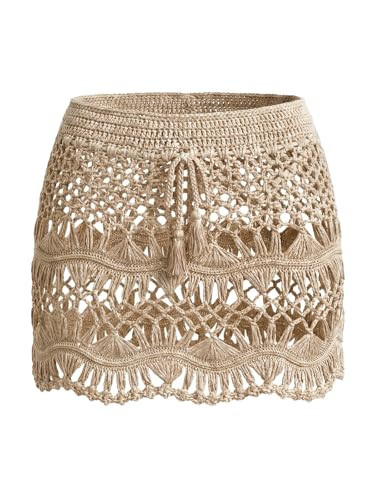 CUPSHE Women Crochet Coverup Skirt Drawstring Knit Mini Skirt Coverup for Swimwear Beige, S | Amazon (US)