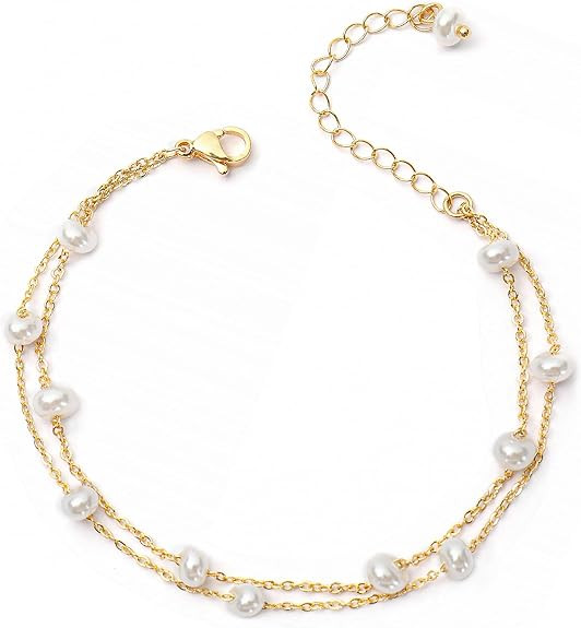 Gold Pearl Bracelets for Women - Dainty 14K Gold Plated Pearls Bracelet Trendy Beaded Chain Jewel... | Amazon (US)