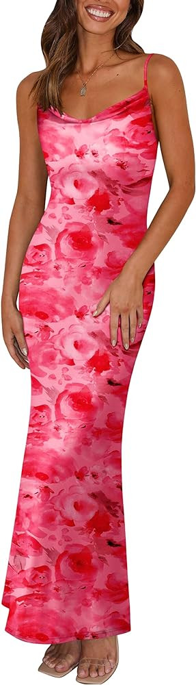 PRETTYGARDEN Women's 2024 Summer Floral Spaghetti Strap Maxi Dress Stretch Sexy Bodycon Dress Bac... | Amazon (US)