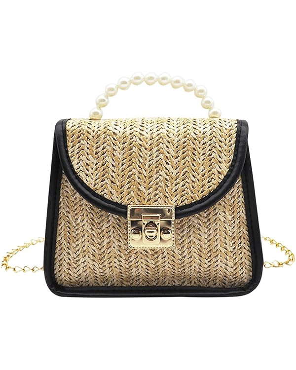 Mini Straw Bag for Women, Summer Woven Crossbody Shoulder Bag Small Pearl Top Handle Handbag Flap... | Amazon (US)