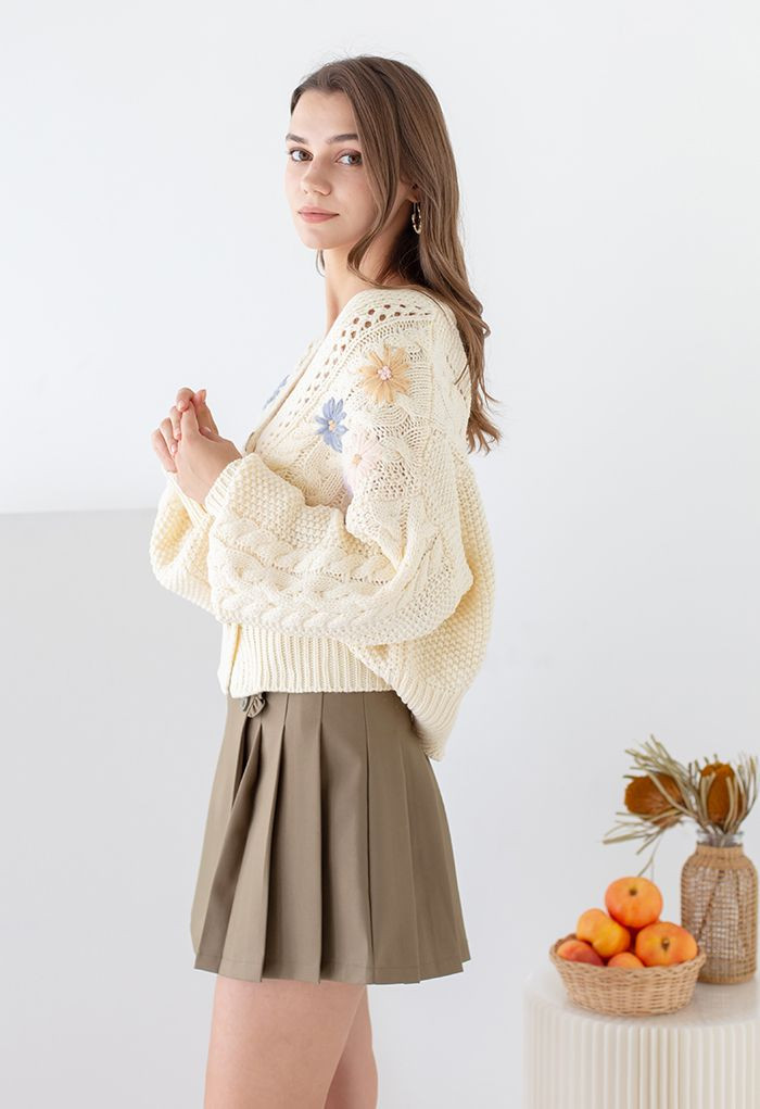 Stitched Flowers Braided Hand Knit Cardigan in Cream | Chicwish