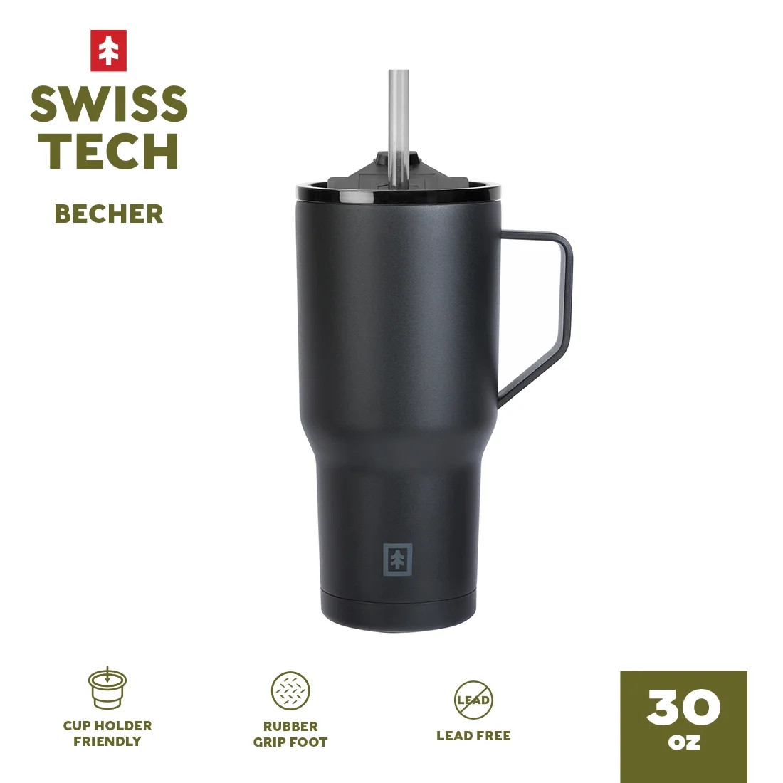 Swiss Tech Becher Black 30oz Water Bottle with Handle, Triple-Wall Copper Lined, Leak Proof | Walmart (US)