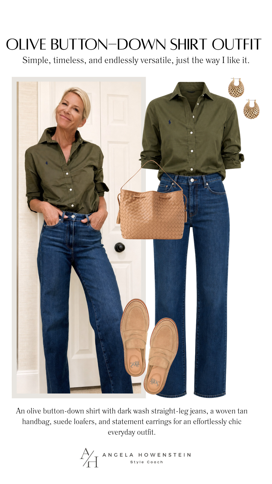 An olive button-down, dark wash jeans, and neutral accessories create the kind of effortless outfit you'll reach for again and again. It's polished without trying too hard and works for everything from coffee runs and casual Fridays to lunch dates and weekend errands.

Simple, timeless, and endlessly versatile, just the way I like it.

👩‍💻 LTK PRO TIPS
❤️ Heart = Support my posts ;-)
🔖 Save = Get sale & restock alerts for the things you love!
📋 Lists = Keep favorites organized.
📲 Share = Send lists and products to a friend.
💬 Comment = Ask me anything, and I'll answer. ;-)

#LTKootd #LTKSeasonal #LTKOver40