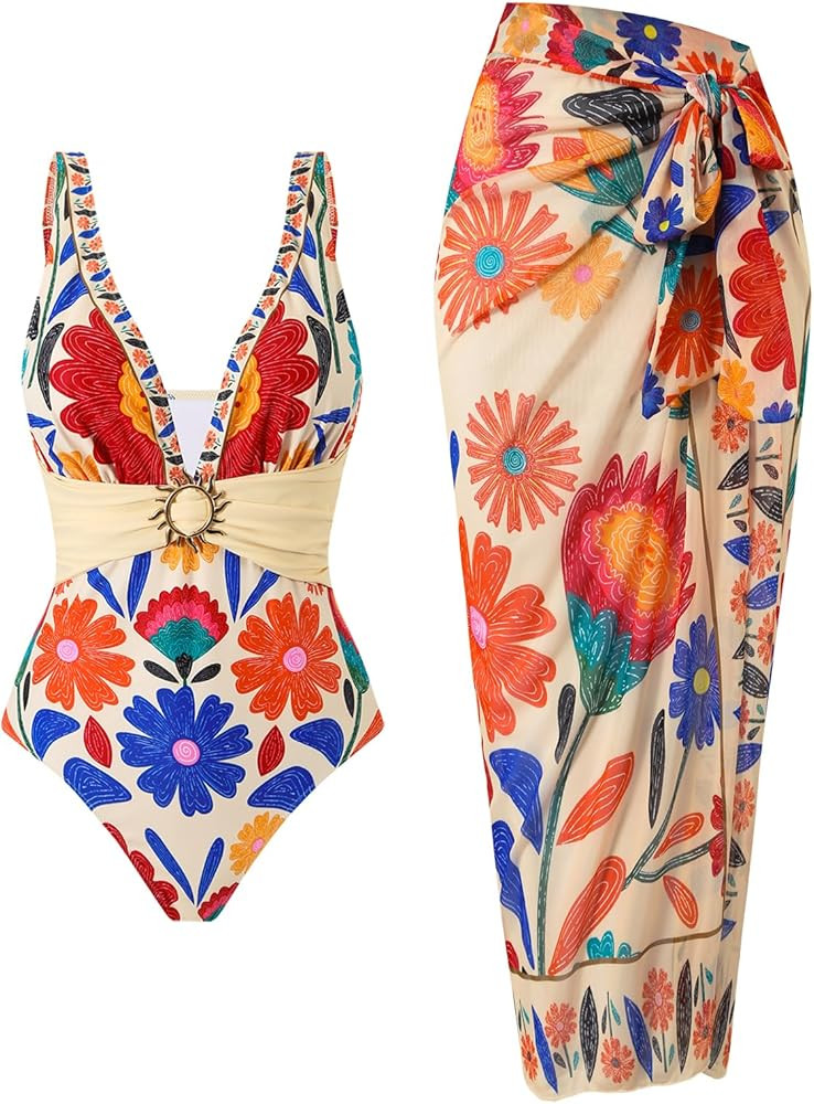 SherryDC One Piece Swimsuit with Cover up Wrap Skirt Sarong Floral Print Plunge V Neck Bathing Su... | Amazon (US)