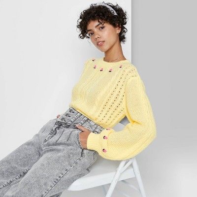 Women's Floral Print Crewneck Embroidered Cropped Cable Knit Pullover Sweater - Wild Fable™ | Target