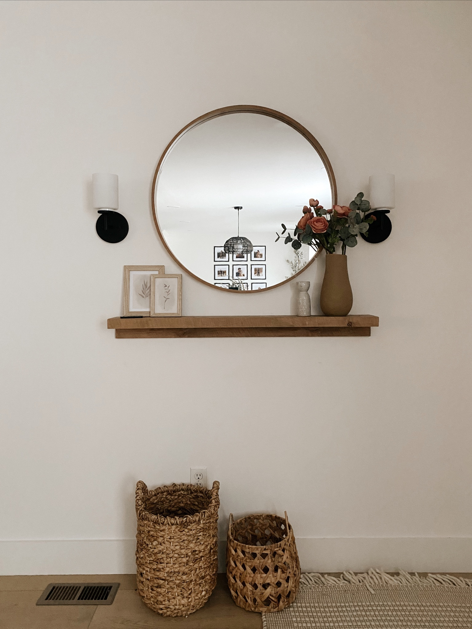 Entryway, entry mirror, round entry way mirror, shelf styling, sconce lights, entryway rug, boho entry, neutral design, neutral entryway, sconce lighting, mirror lighting 

#LTKhome