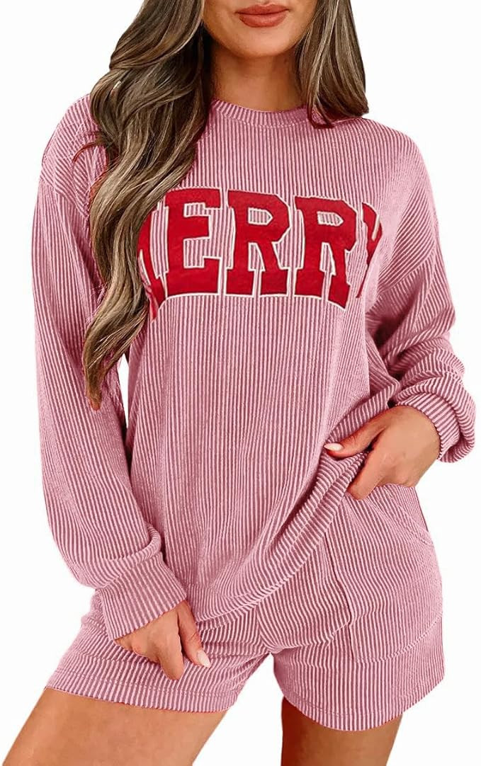 Womens Ribbed Pajama Sets Long Sleeve Top and Shorts Matching Lounge Set Loungewear Sweatsuit wit... | Amazon (US)