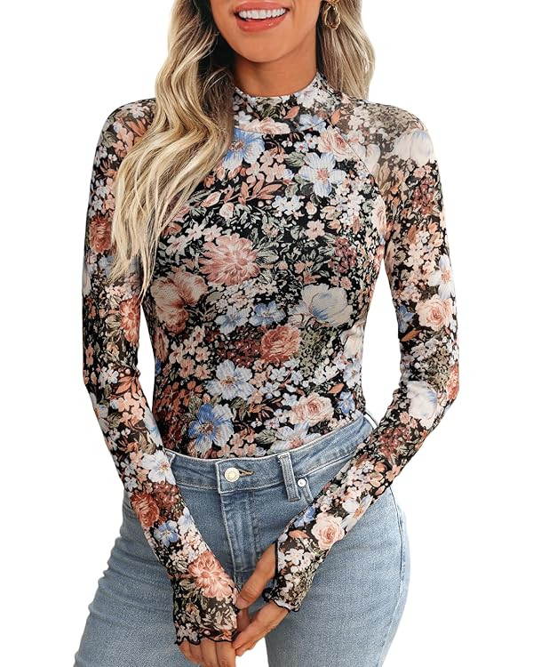 Dealmore Lace Long Sleeve Floral Mesh Mockneck Going Out Tops for Women Fashion Fall Outfits 2025 | Amazon (US)