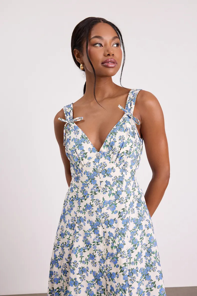 Fenley Ivory and Blue Ivory Floral Button-Front Midi Dress | Lulus