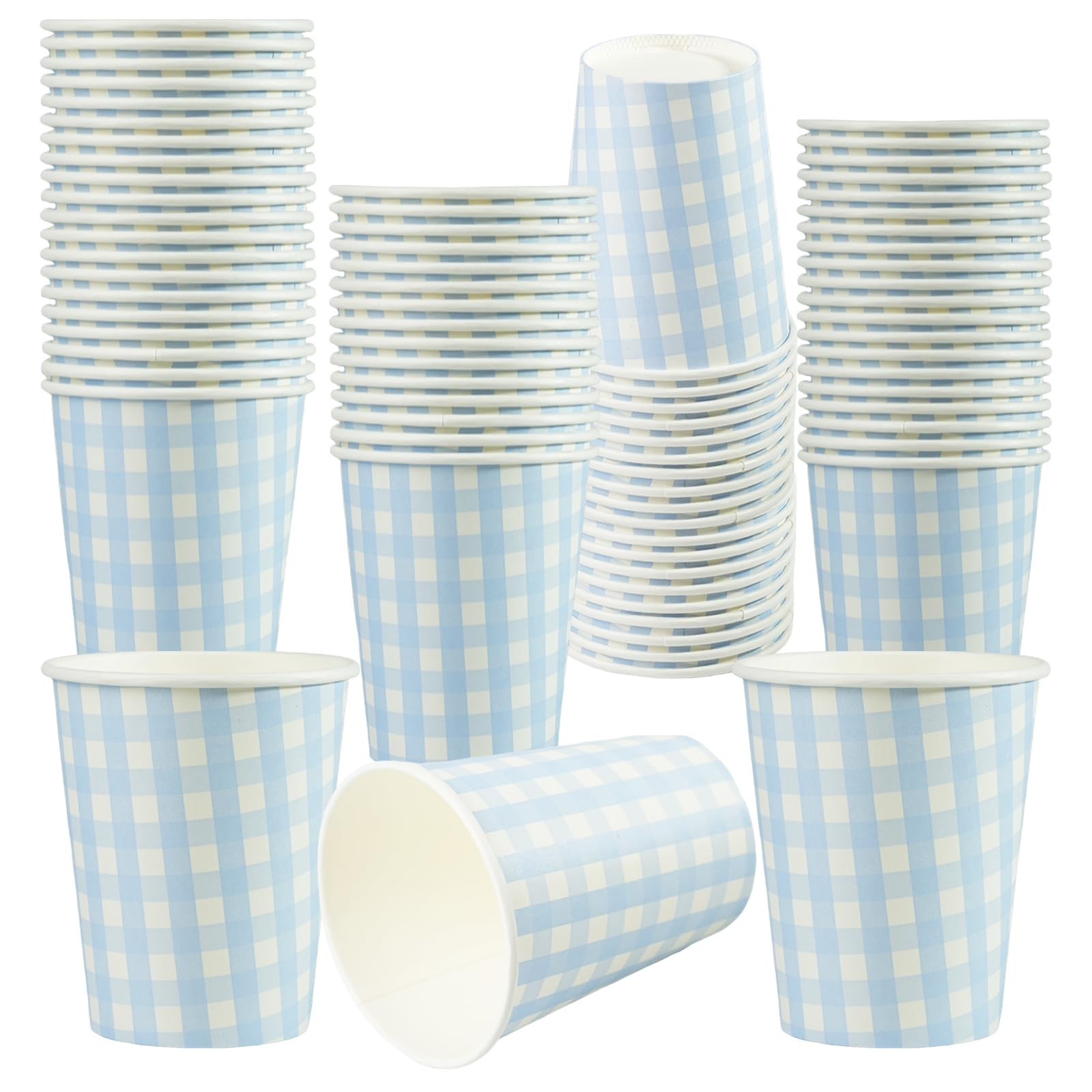 50 Pcs Gingham Paper Cups 8 oz, Disposable Gingham Cups, Blue Checkered Cup for Hot Cold Beverage... | Amazon (US)