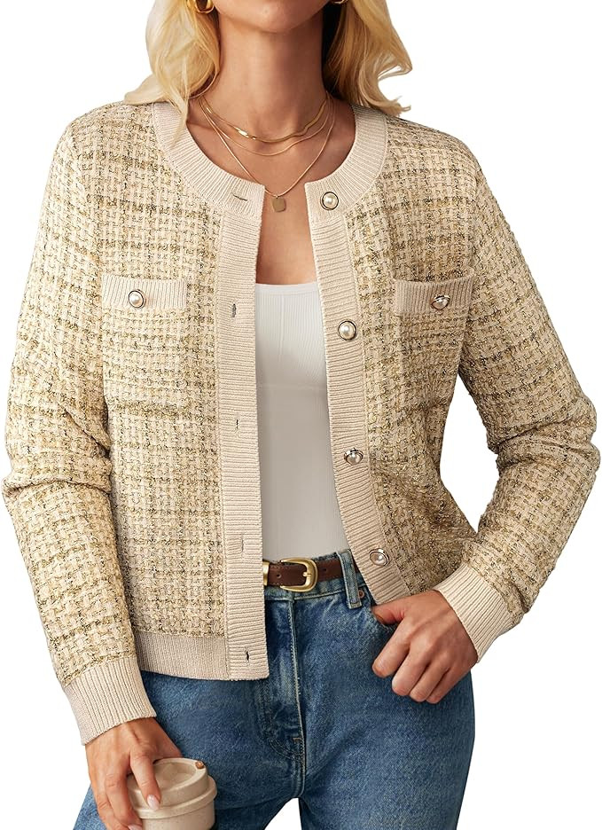 GRACE KARIN Womens Open Front Button Down Long Sleeve Texture Knit Cardigan Sweaters with Pockets | Amazon (US)