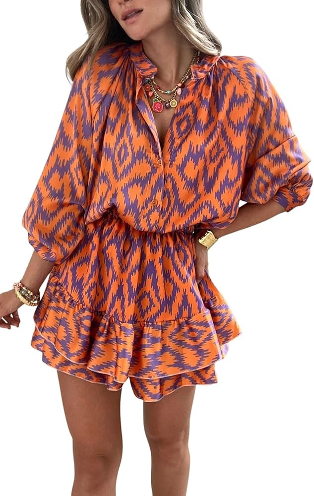 Women's Orange Aztec Bubble Sleeve High Waist Romper Casual Loose Long Sleeve Romper Jumpsuit | Amazon (US)