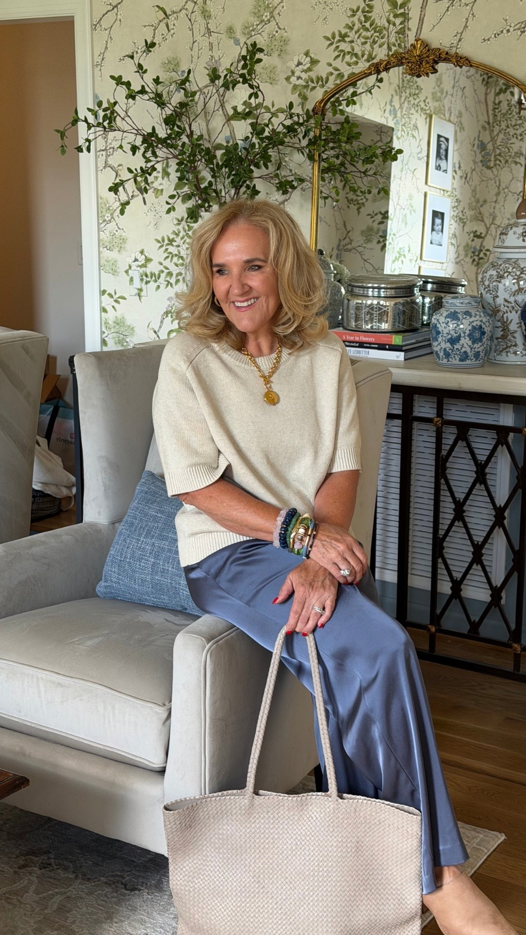 This sweater tee is one of those pieces that just feels good with everything. I sized up to a large in the sweater, and I’m wearing a medium short in the satin pants.