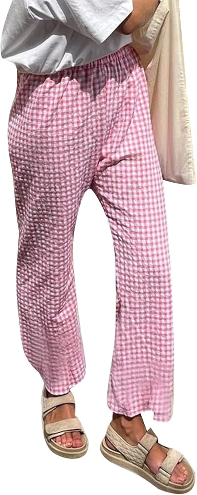Women Y2K Plaid Pants Summer Casual Drawstring High Waist Straight Leg Trousers Gingham Lounge Pa... | Amazon (US)