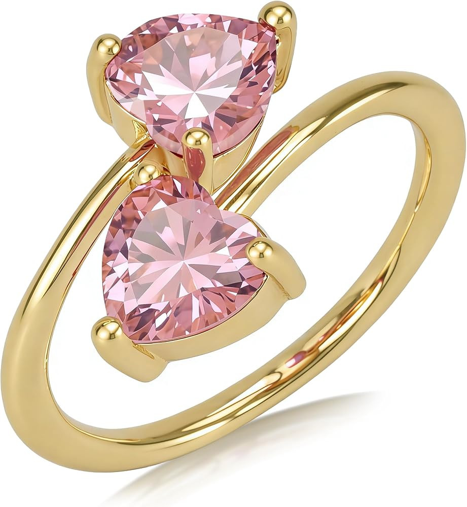14K Gold Plated Cubic Zirconia Double Heart Adjustable Open Ring for Women, Dainty Stackable Ring... | Amazon (US)