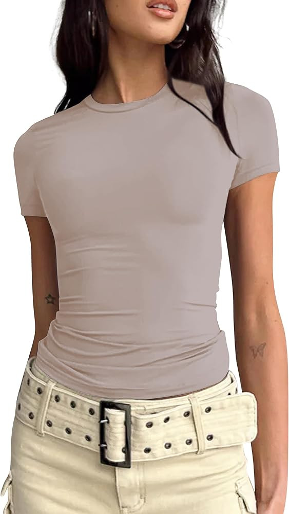 Women’s Basic Slim fit Crop Top Tee Shirt Short Sleeve Workout Round Neck Cropped Tshirt | Amazon (US)