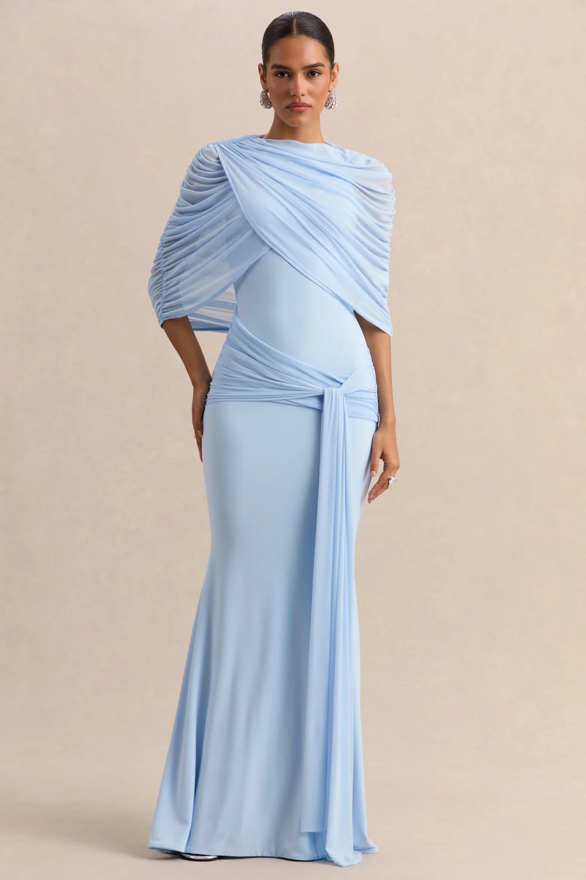 Mirene | Powder Blue Round-Neck Maxi-Dress With Gathered-Detailing And Sash | Club L London