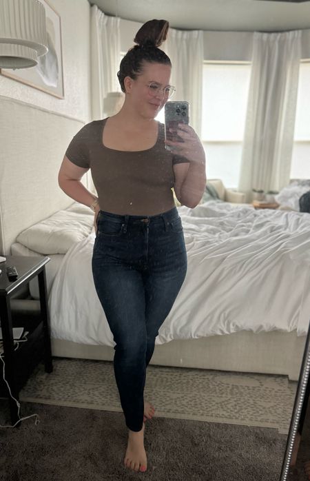 This ribbed body suit is a great thick material, just the right amount of compressive. Wearing a size large and jeans are size 29. If you’re between sizes for the bodysuit, size up.

#LTKmidsize #LTKfindsunder100 #LTKfindsunder50