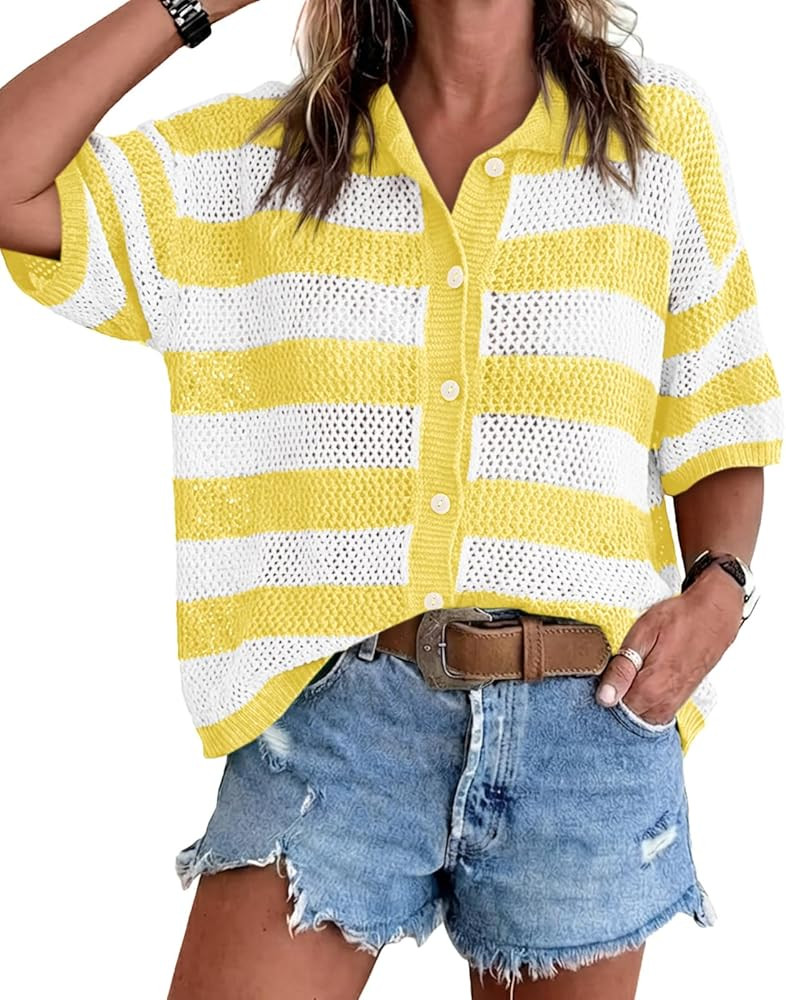 Cicy Bell Womens Summer Striped Crochet Cardigan Sweater Half Sleeve Button up Tops Loose Fit Cov... | Amazon (US)