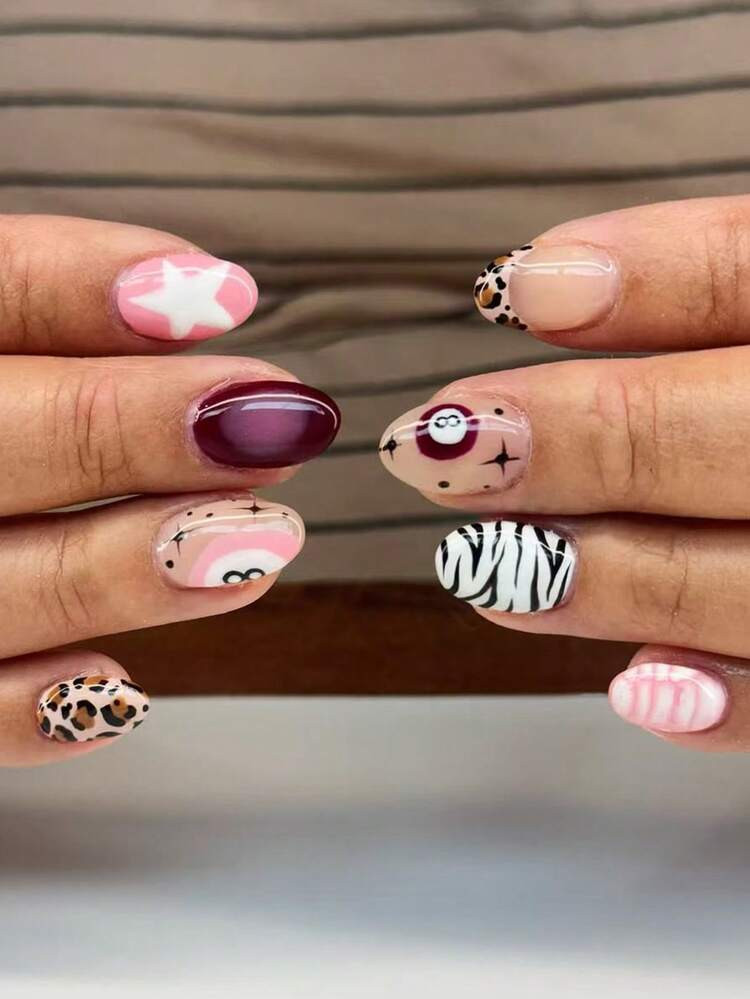 24pcs/Set Short Oval 3D Gel Leopard Print Pink French Manicure Nail Stickers, Includes Leopard, S... | SHEIN