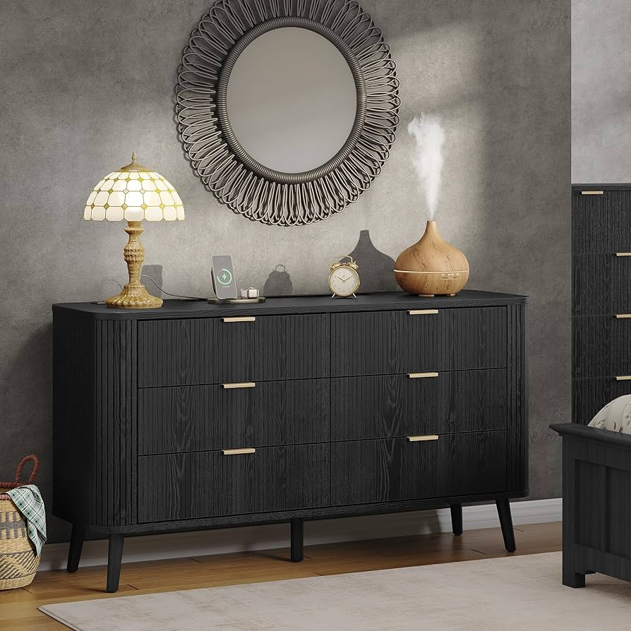 Fluted 6 Drawer Dresser with Charging, 57" Wide Black Wood Dresser, Mid Century Modern Long Dress... | Amazon (US)