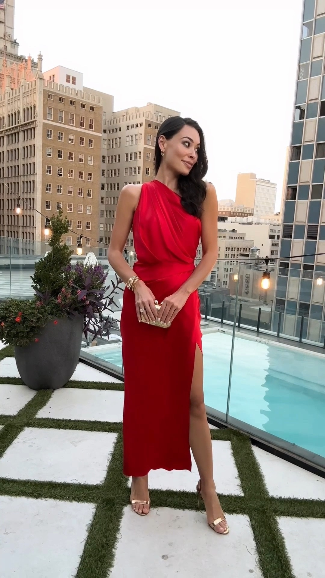 Red silk dress, formal dress, black tie gala, cocktail party, holiday outfit, festive outfit, wedding guest dress, gold clutch, gold heeled sandals. 

#LTKParties #LTKShoeCrush #LTKWedding