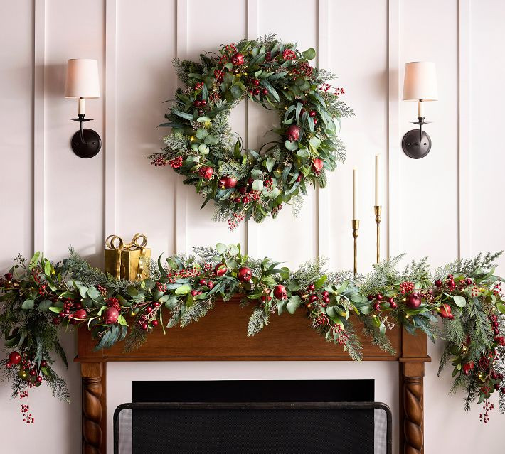 Faux Lit Mixed Eucalyptus & Pomegranate Wreath & Garland | Pottery Barn (US)