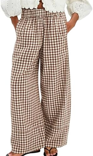 Athlisan Womens Summer Gingham Plaid Palazzo Pants Casual Wide Leg Lounge Trousers Beach Vacation... | Amazon (US)