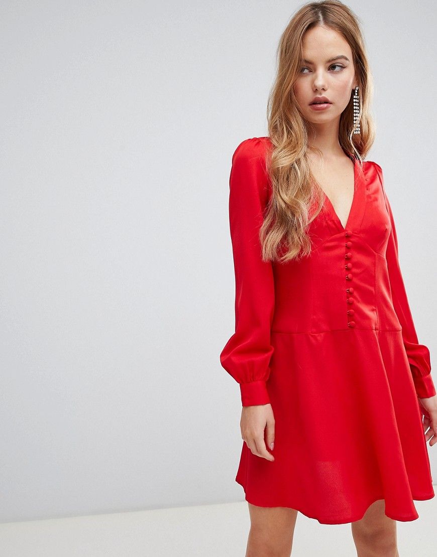 ASOS DESIGN button through mini tea dress with long sleeves - Red | ASOS US