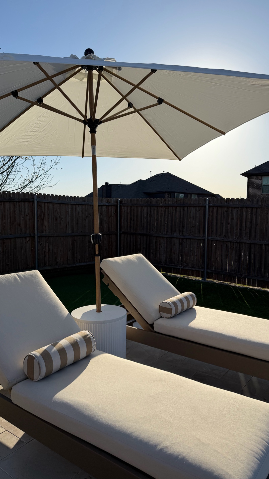 Veradek Umbrella Side Table • Austin Horn Classics Sunbrella Maxim Heather Beige Cabana Stripe Zippered Neck Roll Bolster (Set of 2) •   PURPLE LEAF 8' x 8' Square Patio Umbrella 

#LTKSwim #LTKHome