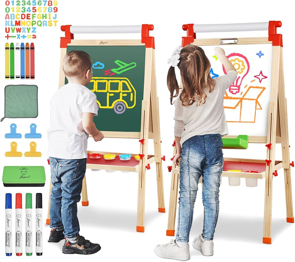 JOYOOSS Kids Wooden Easel with Paper Roll - Adjustable Magnetic Double Sided Drawing Board Whiteb... | Amazon (US)