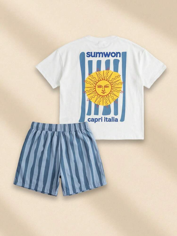 SUMWON Oversized Boys Summer T-Shirt And Shorts Set With Capri Italia Sun Print Vacation Casual C... | SHEIN