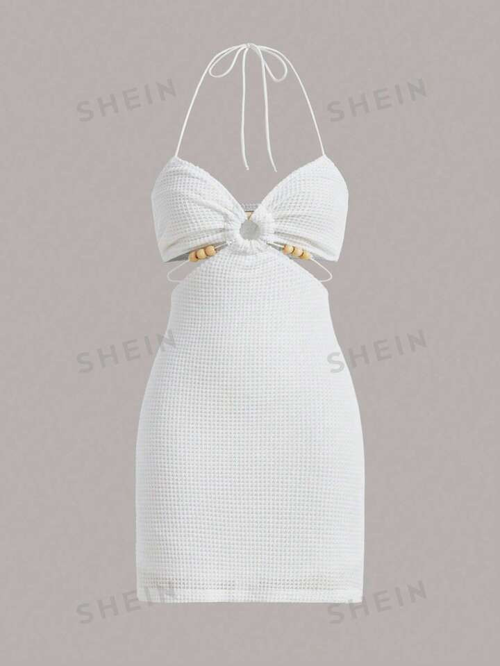 SHEIN ICON Beaded Detail Tie Backless Halter Bodycon Dress | SHEIN